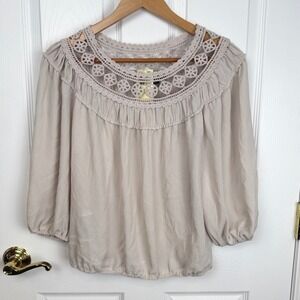 MAX EDITION Women Beige Crochet Trim Blouse 3/4 Sleeve Pullover Top S